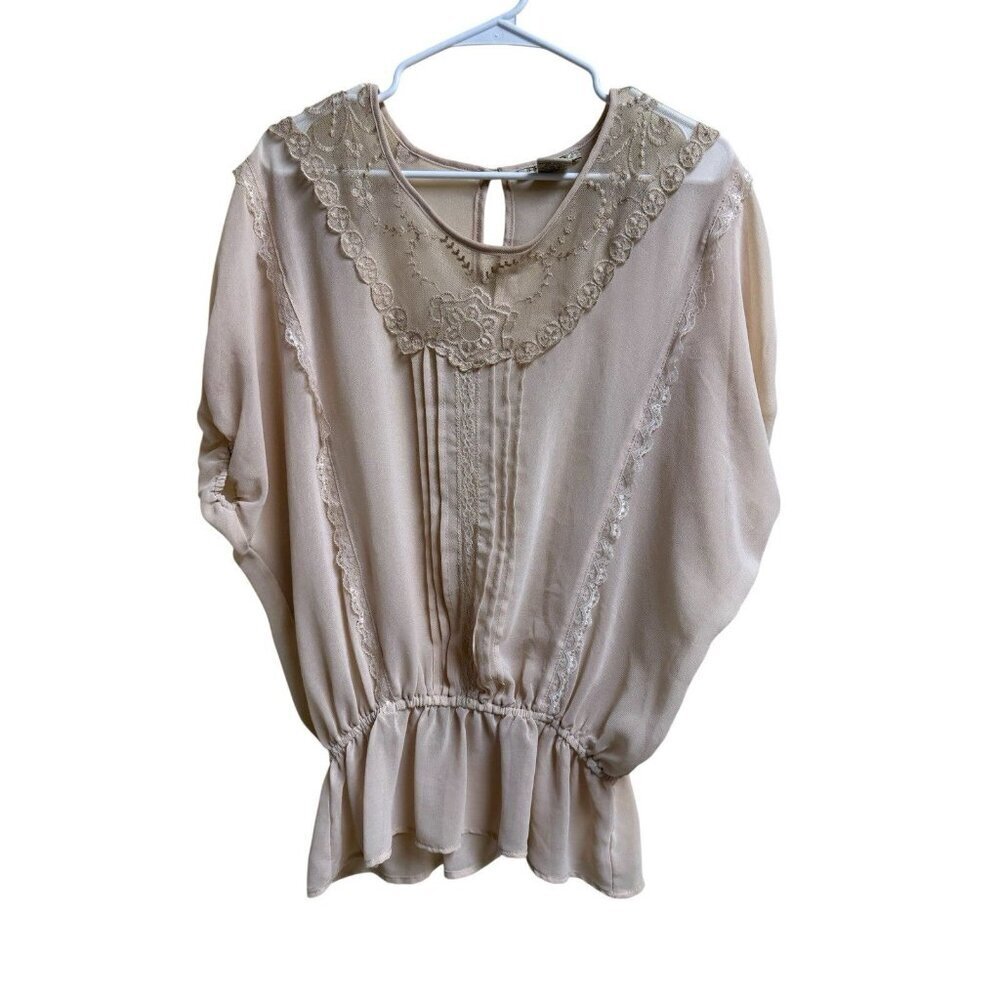 Arden B Lace Boho Peasant Blouse Beige Sheer Peplum Top Size S